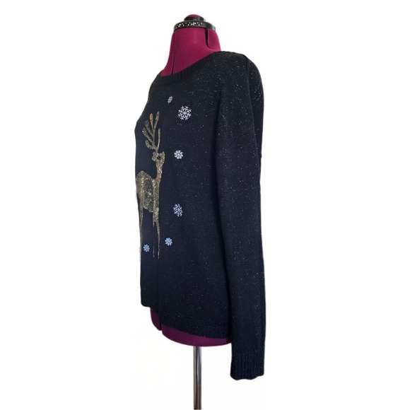KAREN SCOTT Christmas Whimsy Sweater Black w/ Speckles & Sequin Reindeer Size L - Picture 4 of 12